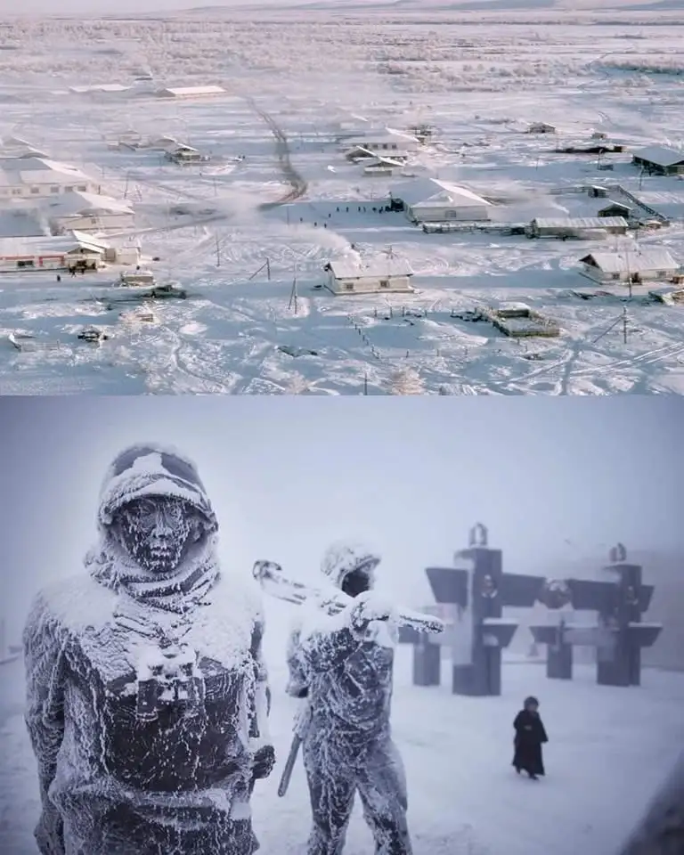 The image is split into two parts: the top shows a wide, snowy landscape with scattered houses and a frozen, desolate…