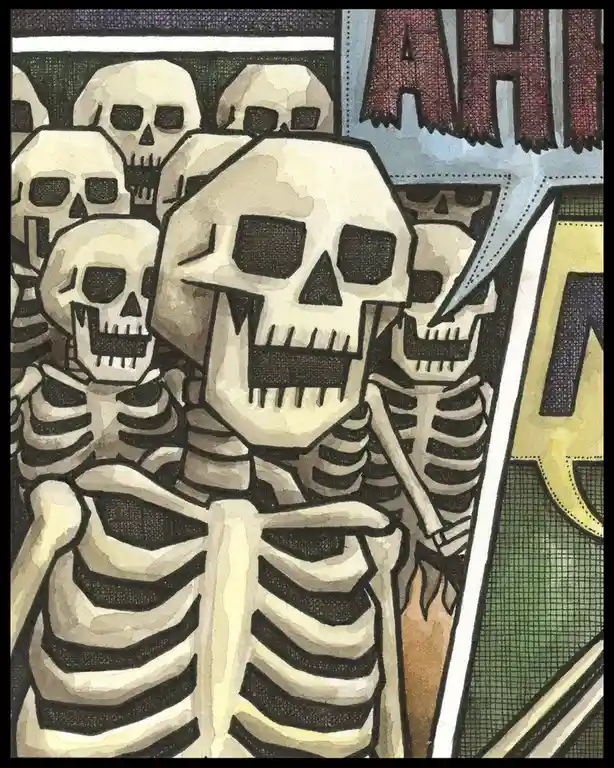 A comic book panel shows a group of cartoon skeletons, with one in the foreground holding a sword and screaming 'AHH' in a…