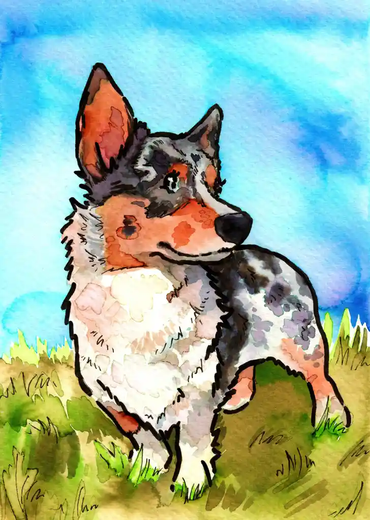A watercolor painting of a dog with a blue sky and green grass background. The dog has a distinctive coat pattern with…