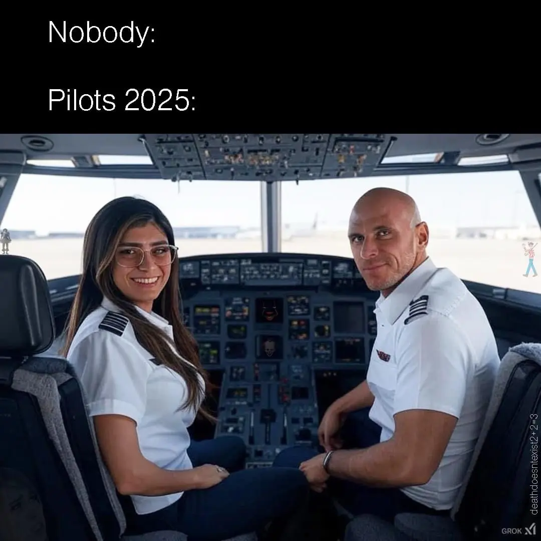 Two pilots, a woman on the left and a man on the right, sit in an airplane cockpit. The woman wears glasses and smiles…