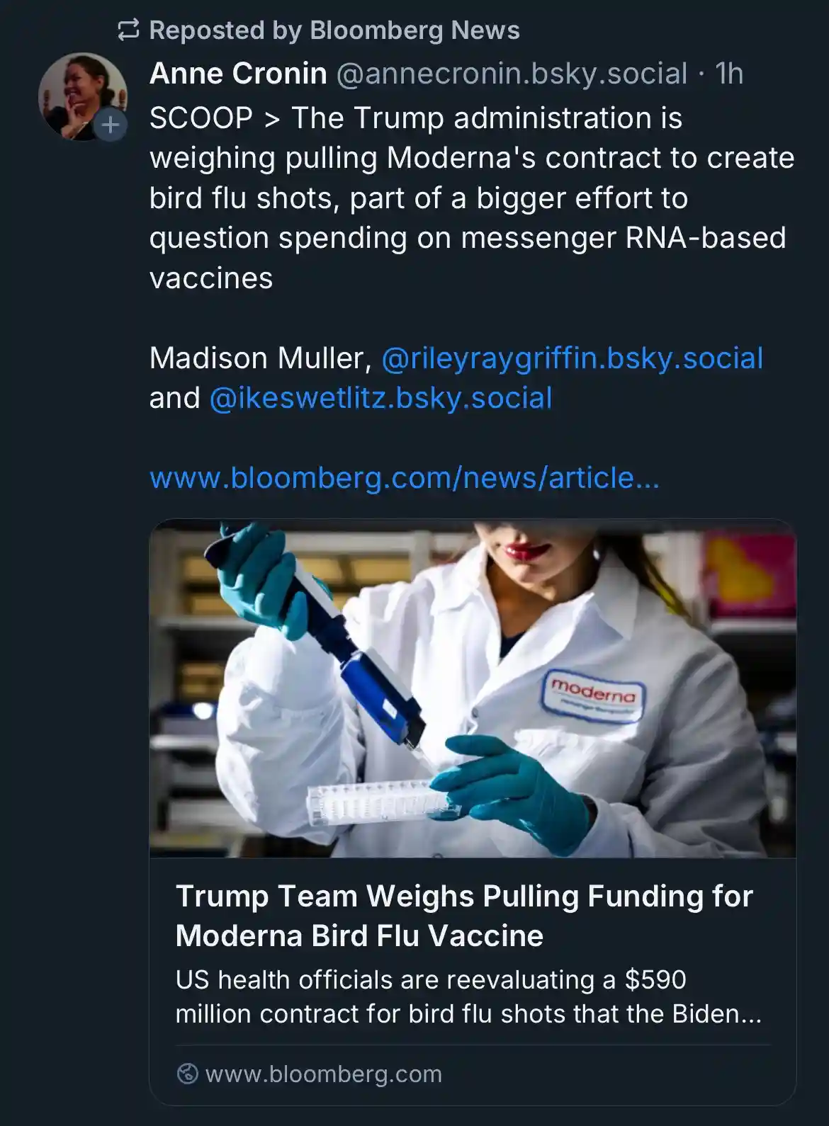 A screenshot of a social media post showing a woman in a white lab coat with a 'moderna' logo on it, wearing blue gloves and…