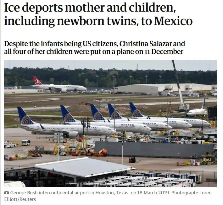 An airport tarmac photo shows multiple United Airlines planes parked in a row, with a headline overlay stating 'Ice deport…