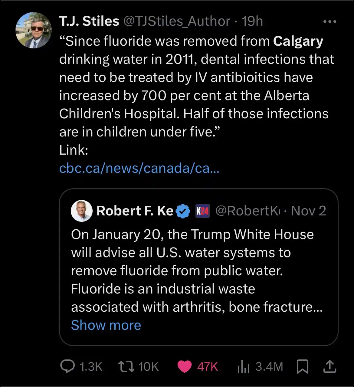 A screenshot of a Twitter thread shows a tweet from T.J. Stiles citing a CBC News report that claims dental infections…