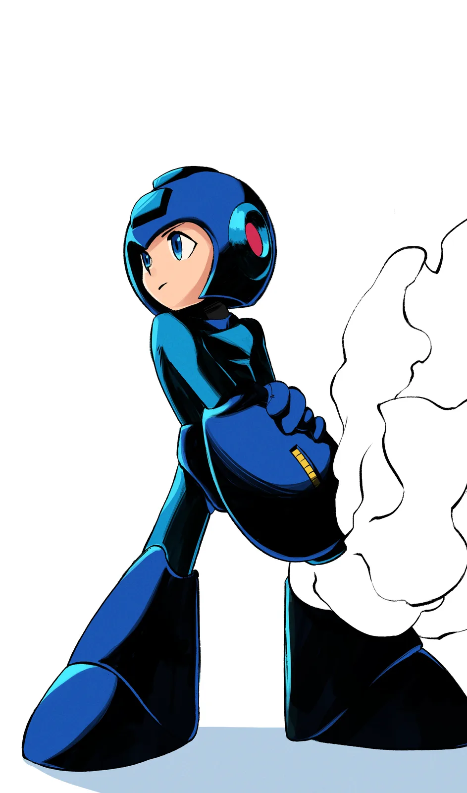 The image shows the video game character Mega Man in his classic blue and black armor, standing with his right fist clenched…
