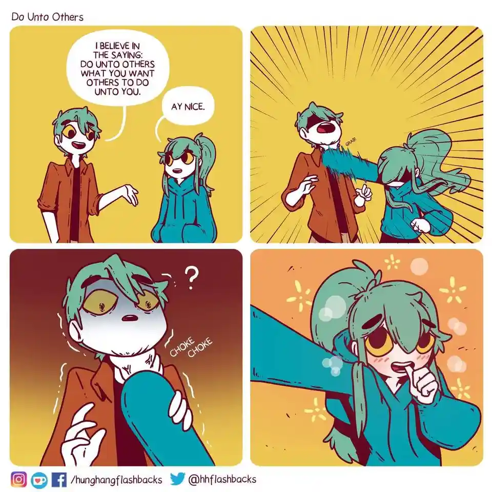 A four-panel comic shows two teal-haired anime characters. In the first panel, one says they believe in 'do unto others,'…