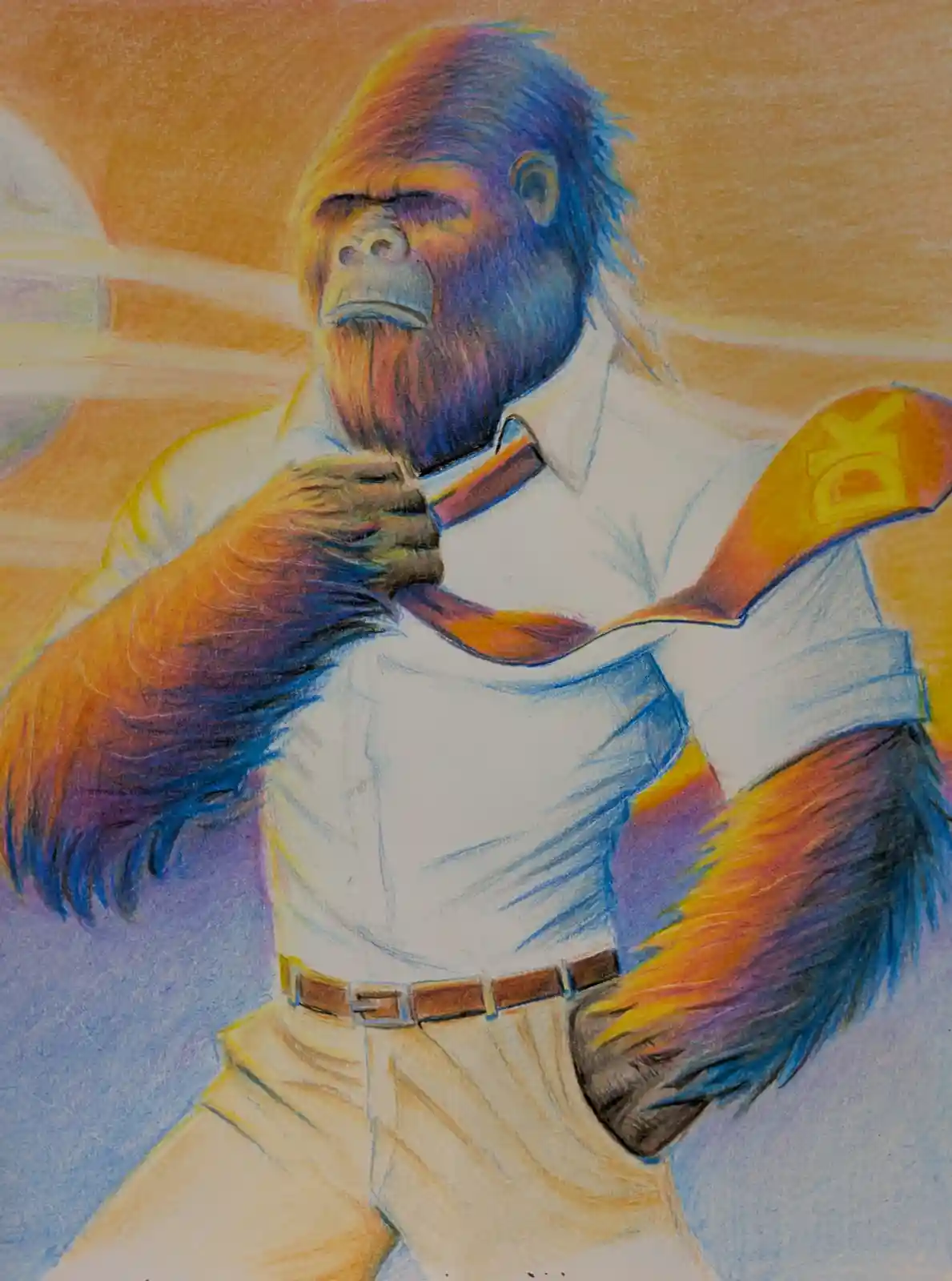 A colorful drawing of a gorilla wearing a white shirt, beige pants, and a brown belt, adjusting a red tie with a serious…