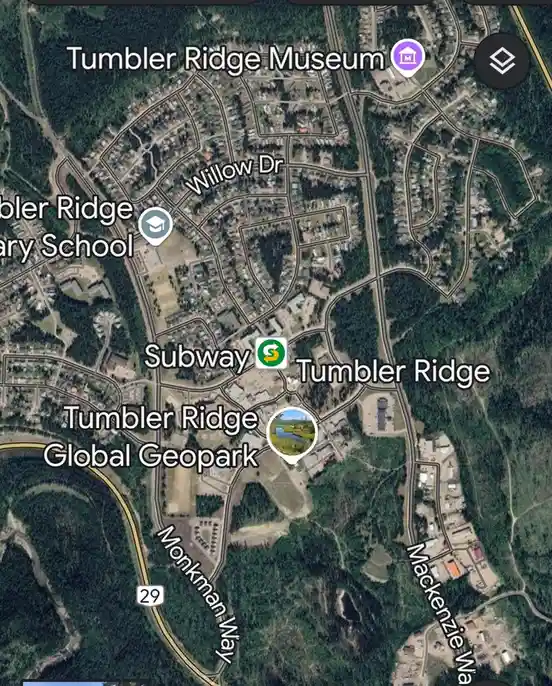 A satellite map view of Tumbler Ridge, Canada, showing local landmarks like the Tumbler Ridge Museum, Elementary School, and…