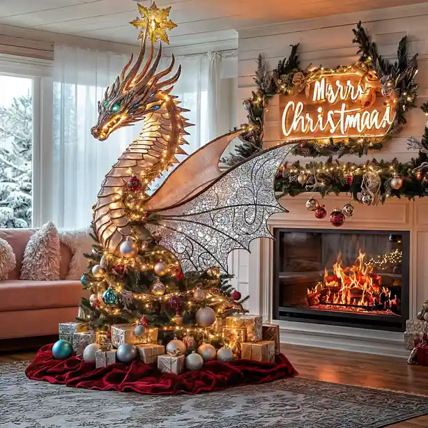 A festive living room features a Christmas tree creatively shaped like a golden dragon with glowing eyes and wings, adorned…