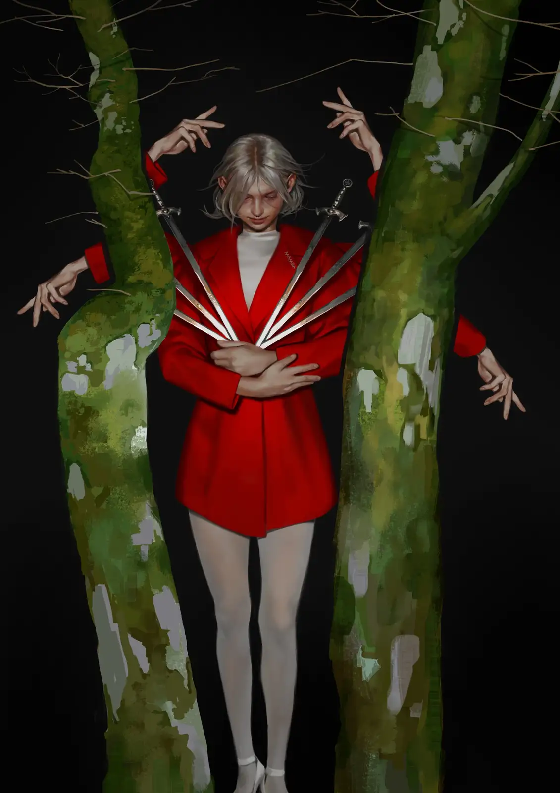 A person with silver hair wearing a red blazer and white tights stands between two tree trunks, with multiple swords…