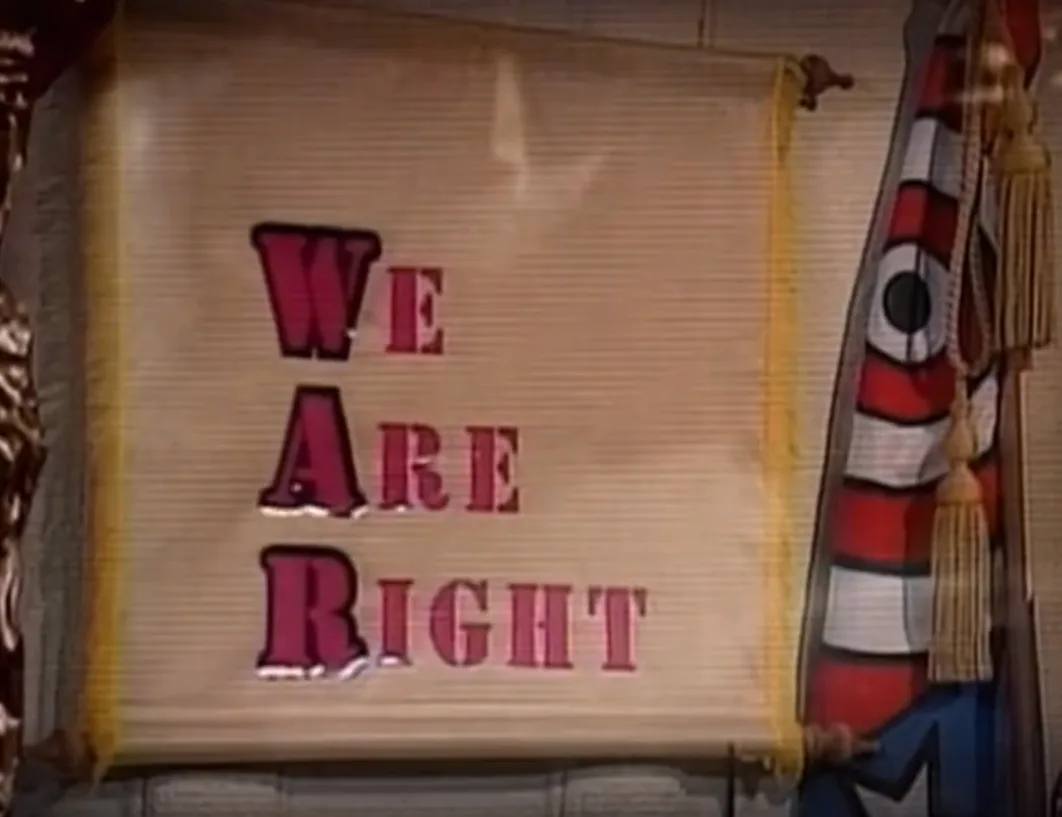 A beige banner with bold pink letters spelling 'WE ARE RIGHT' hangs in a theatrical setting, flanked by ornate red-and-white…
