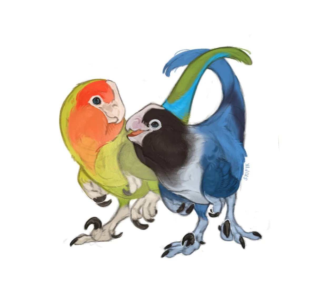 Two cartoon-style parrots are depicted in a playful, affectionate pose, one with orange-red head and green body, the other…