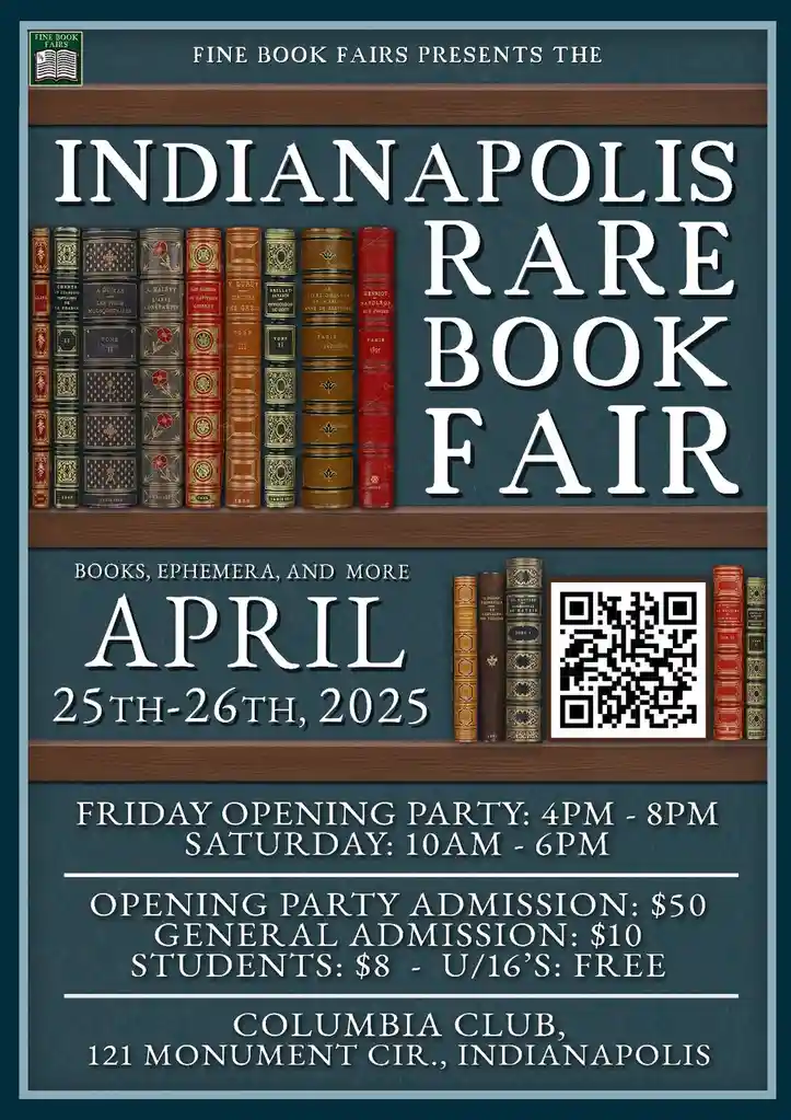 This is a promotional poster for the Indianapolis Rare Book Fair, featuring ornate vintage books on wooden shelves against a…