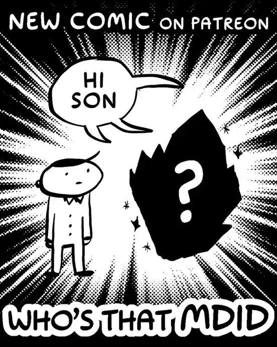 A black-and-white comic panel shows a small, formally dressed cartoon boy looking at a large, shadowy, question-mark-headed…
