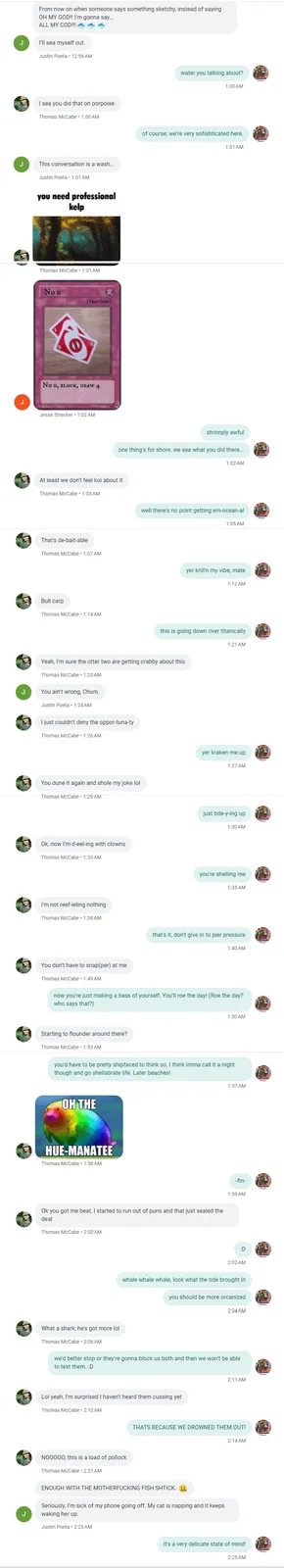 A screenshot of a text conversation where participants use fish puns as slang, culminating in one person sending a meme of a…