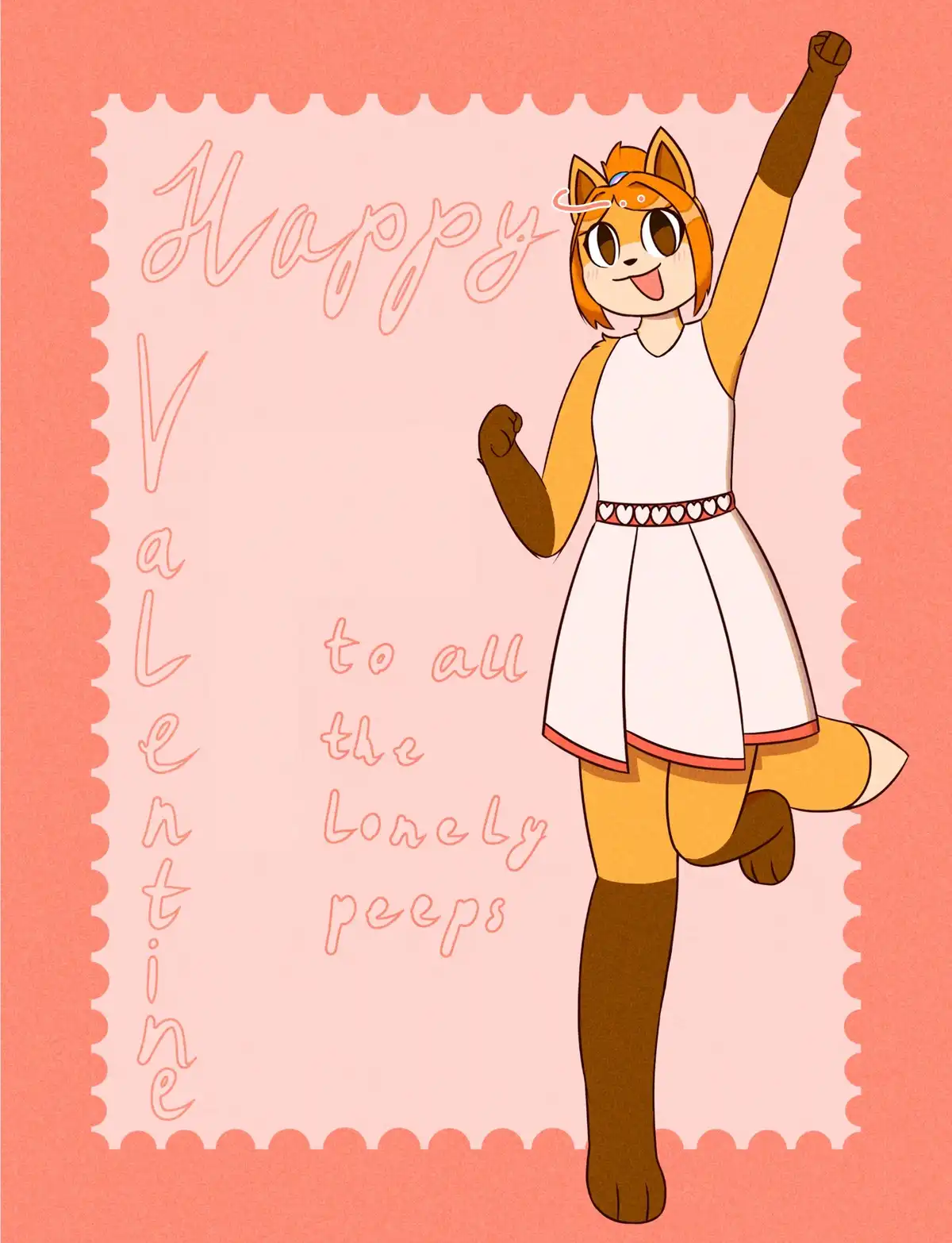 A cheerful anthropomorphic fox girl in a white dress with heart trim and brown boots strikes a triumphant pose with one fist…