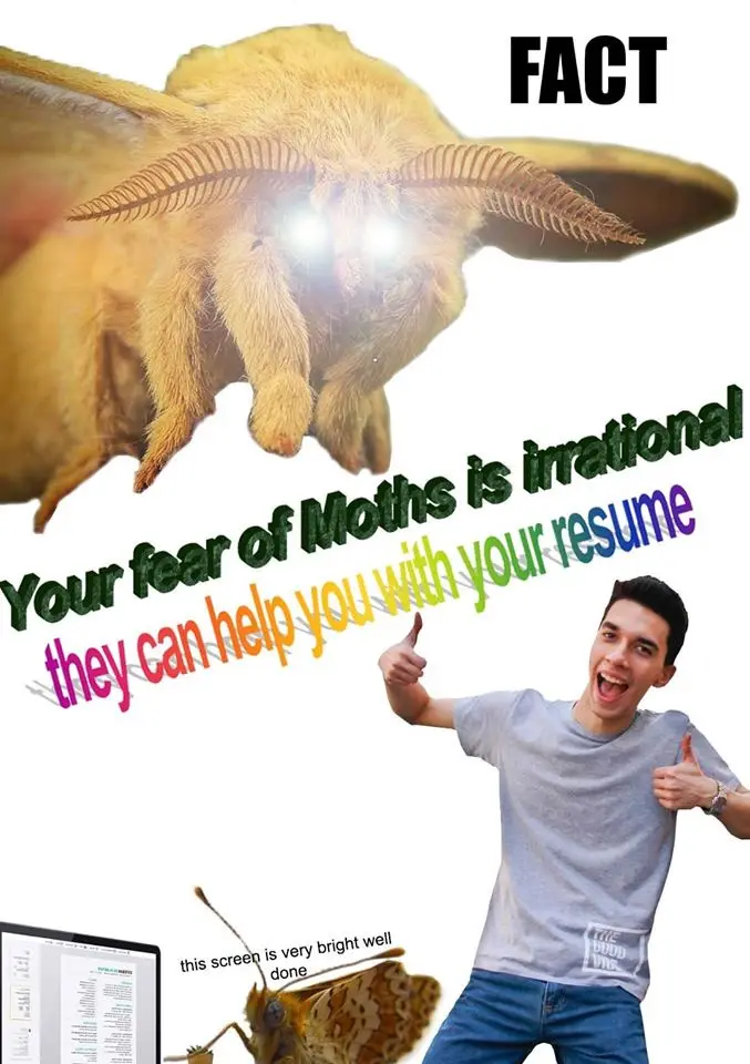 A large, fuzzy yellow moth with glowing white eyes looms over the image, labeled 'FACT'. Below it, a man in a grey t-shirt…