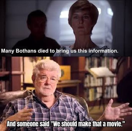 The top panel shows a woman in a dimly lit room saying 'Many Bothans died to bring us this information.' The bottom panel…