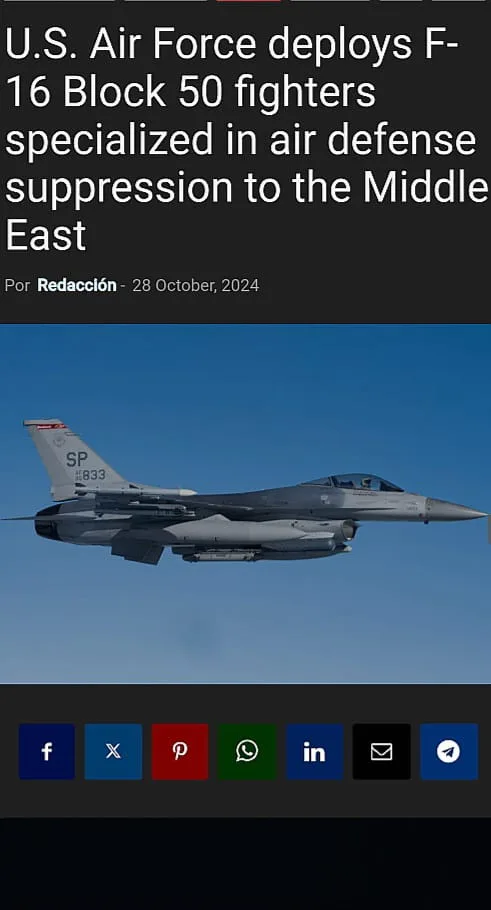 A gray F-16 Block 50 fighter jet is shown flying against a clear blue sky. The image is overlaid with a news headline that…