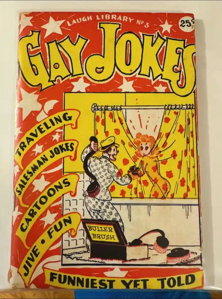 The image shows the cover of a vintage 'Laugh Library No. 3' comic book titled 'Gay Jokes', priced at 25 cents. The cover…