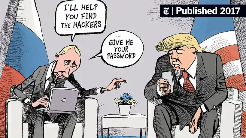 A cartoon depicts two men in suits seated in chairs, one with a Russian flag behind him and the other with an American flag…