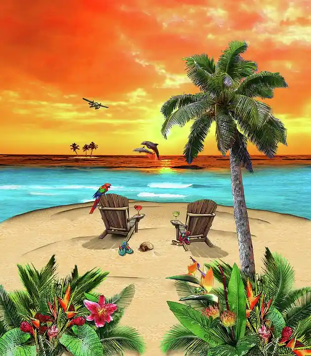 A vibrant tropical beach scene at sunset with two empty wooden lounge chairs, a palm tree, colorful flowers, and a parrot…