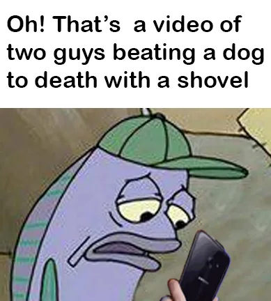 A cartoon fish character wearing a green cap looks horrified while holding a smartphone, reacting to the overlaid text that…