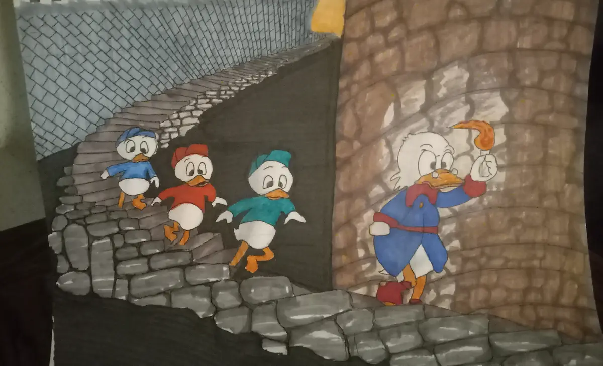 A hand-drawn cartoon depicts Donald Duck holding a torch in a stone-walled dungeon, looking confident, while his three…