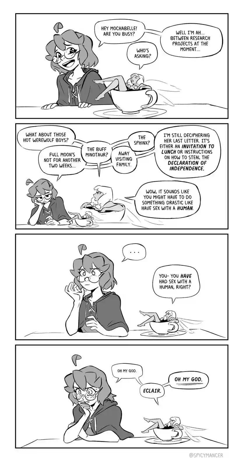 A four-panel black-and-white comic strip featuring two characters, one sitting at a table and the other lounging inside a…