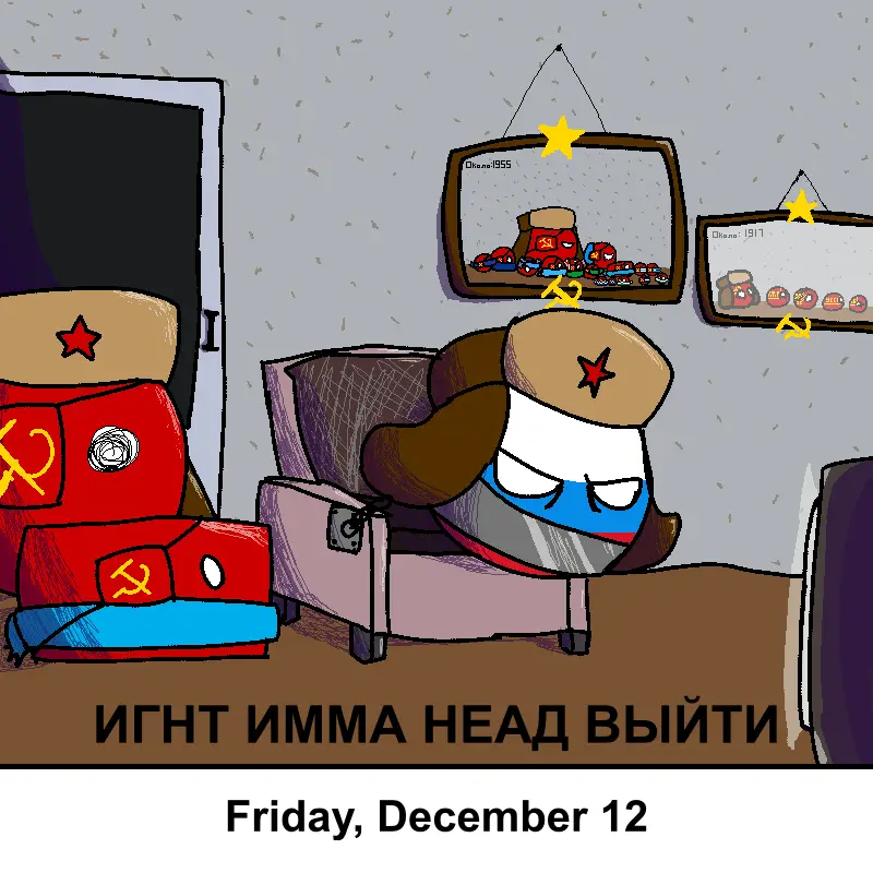 A cartoon dog wearing a Soviet-style cap with a red star sits slumped in a chair, looking exhausted. Behind it, framed…