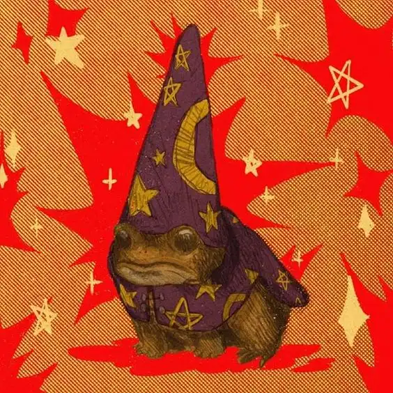A cartoon toad wearing a purple wizard's hat and robe decorated with yellow stars and a crescent moon, set against a red and…
