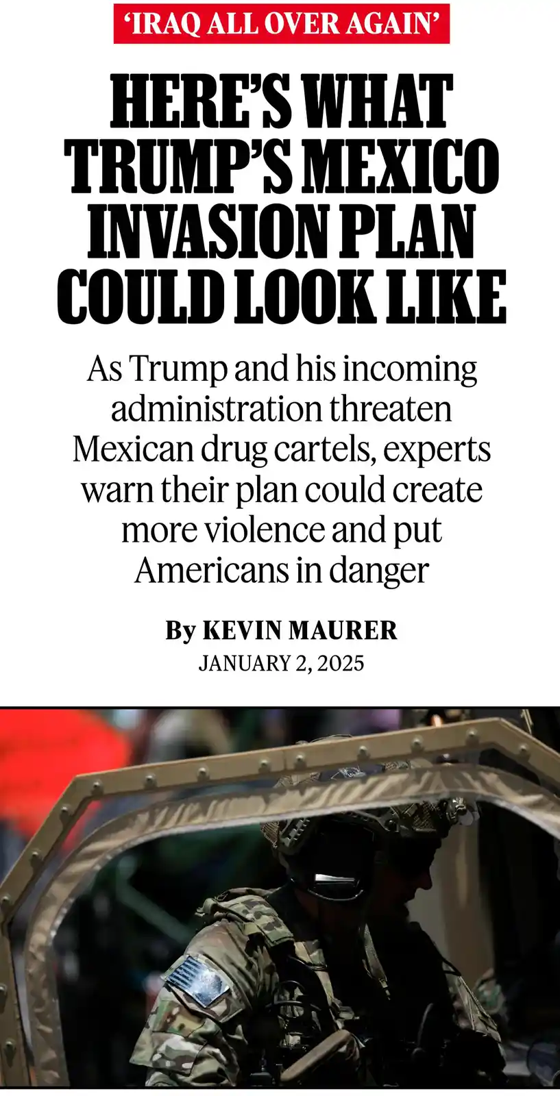 The image is a satirical news article mock-up featuring a soldier in military gear looking out from a vehicle. The headline…