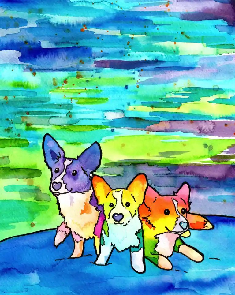 A watercolor painting shows three cartoon corgis standing together against a vibrant, abstract background of blues, greens…