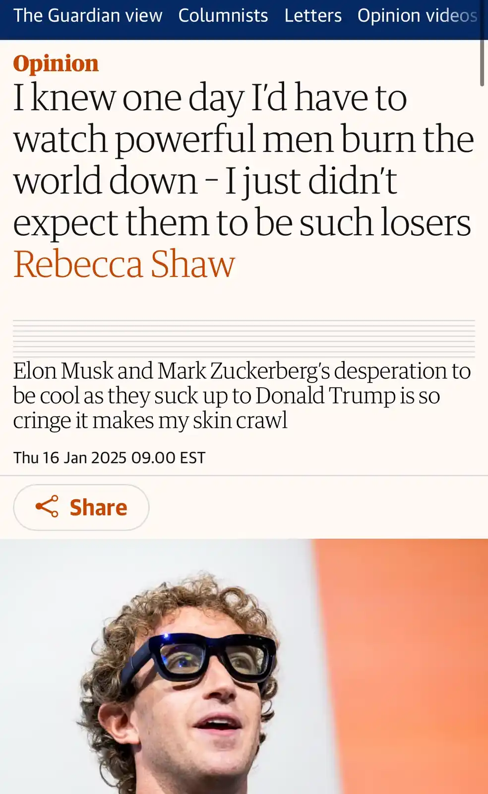 A screenshot of a Guardian opinion article by Rebecca Shaw, featuring a photo of Mark Zuckerberg wearing large black…