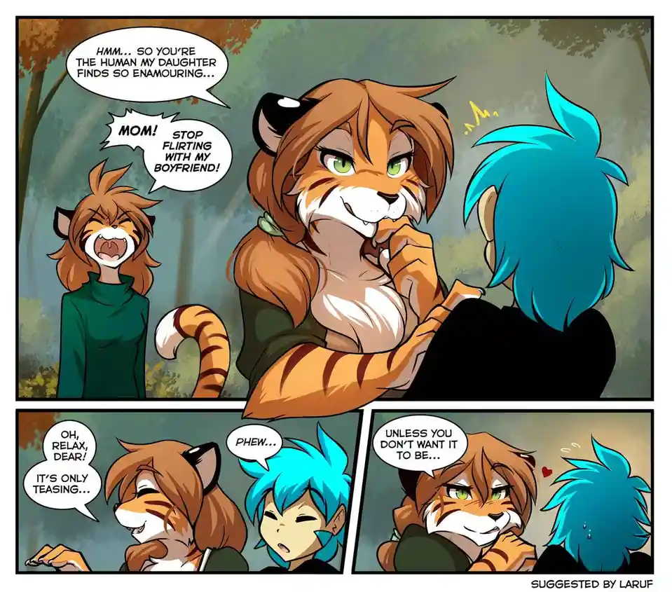 A comic panel shows a tiger-like woman flirting with a blue-haired human while her daughter yells at her to stop. The mother…
