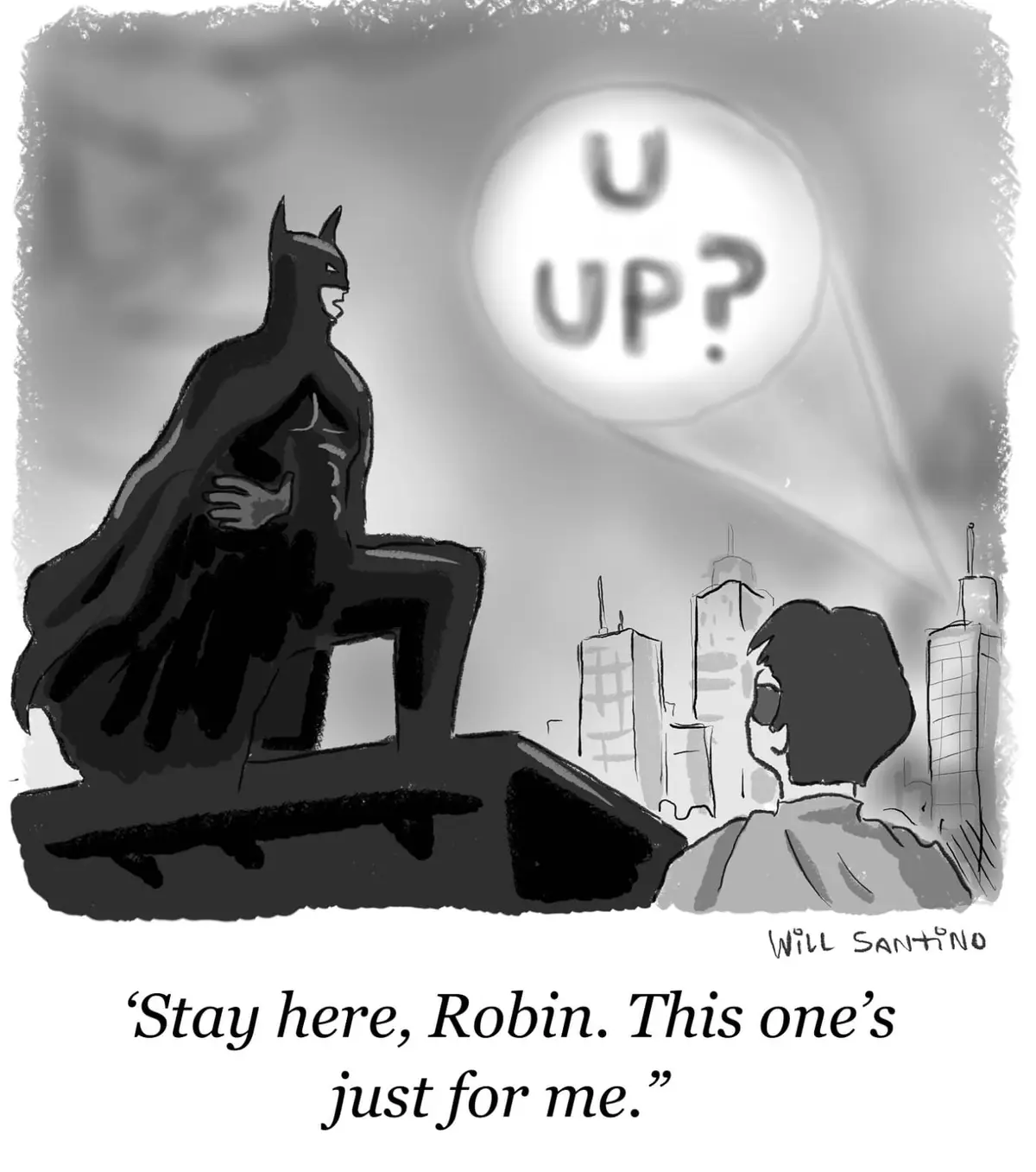 A black-and-white cartoon shows Batman sitting atop a building, looking down at Robin who is also on a rooftop. A spotlight…
