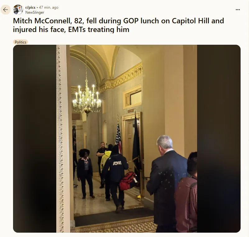 An image shows a man in a dark suit viewed from behind, standing in an ornate hallway with a chandelier and American flag…