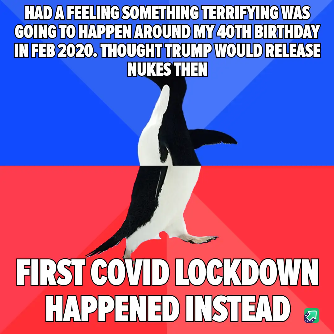 A penguin stands centered against a split blue and red background, with bold white text overlaid in two sections. The top…