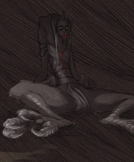 A dark, grainy illustration shows a humanoid figure with a long, thin body, wrapped in bandages, sitting on the floor with a…