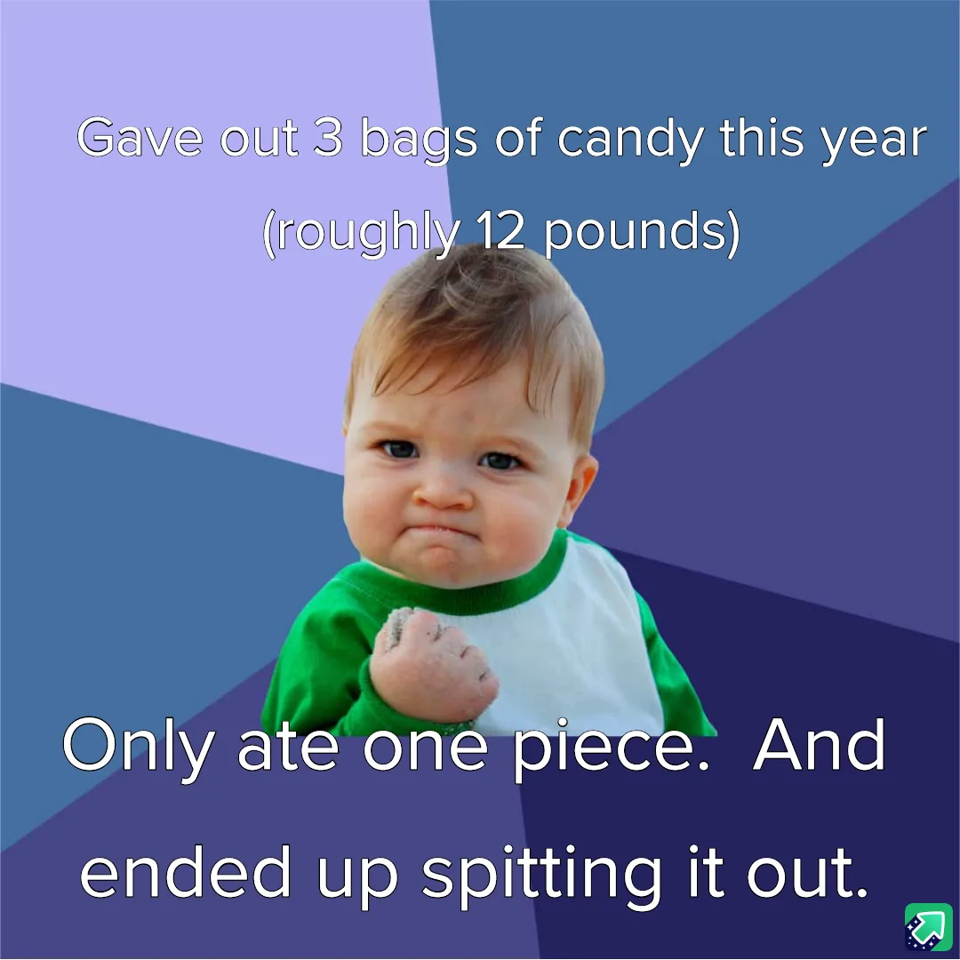 A baby with a pouty, defiant expression, wearing a green and white shirt, is overlaid with text stating they gave out 3 bags…