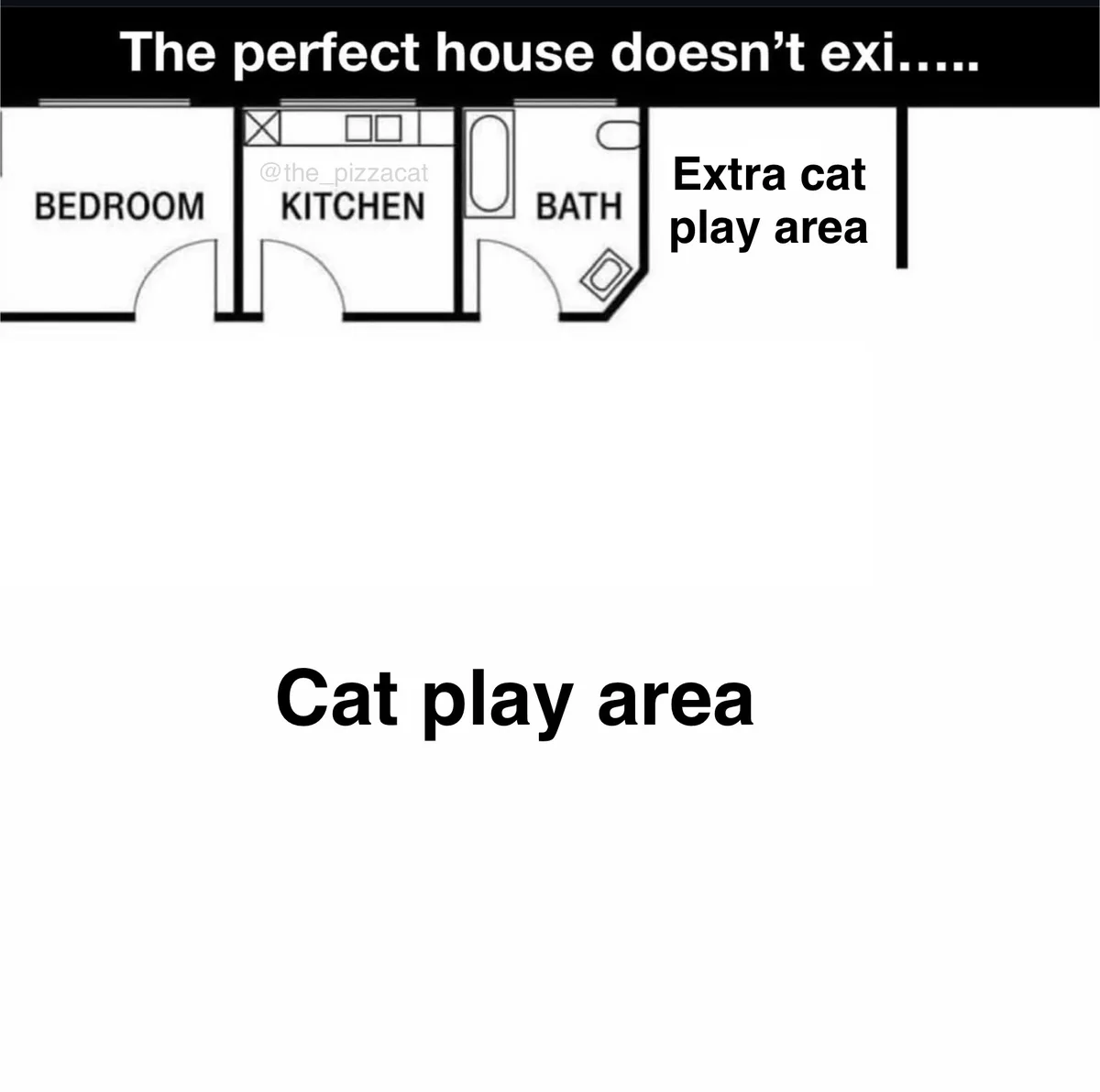 A black-and-white floor plan shows a bedroom, kitchen, and bath, with the top text reading 'The perfect house doesn't…