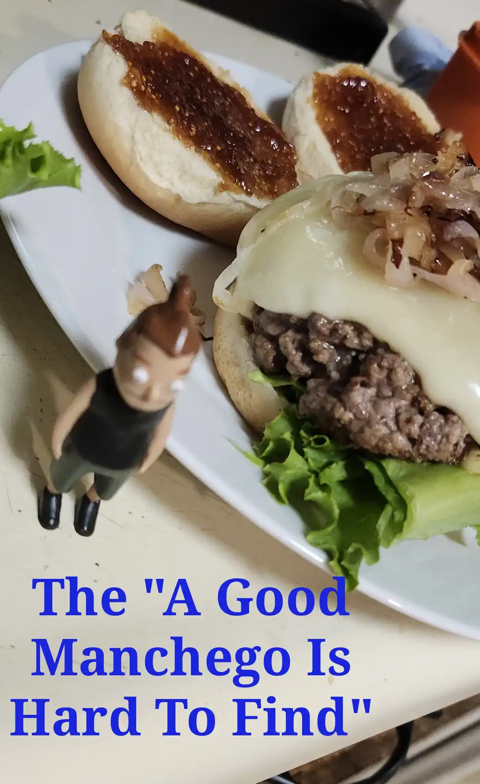 A close-up photo shows a partially assembled burger on a white plate, with a beef patty, melted cheese, lettuce, and…