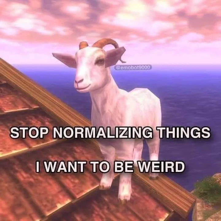 A white goat with curved horns stands on a wooden roof overlooking the ocean under a pink and purple sky. The image has bold…