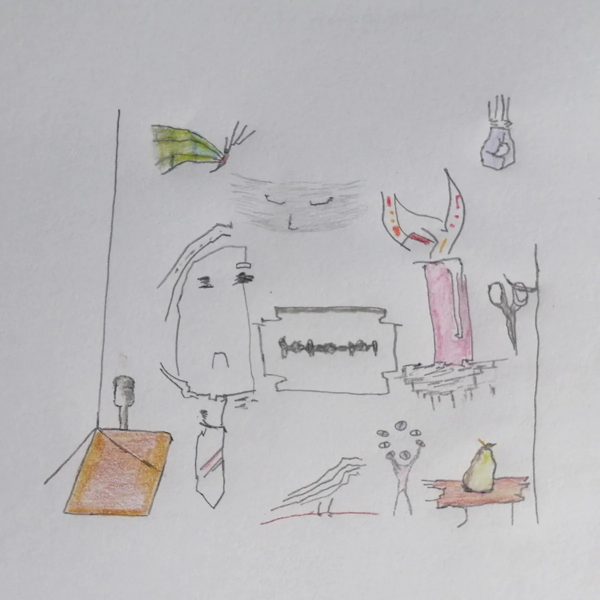 A child's crayon drawing depicts a surreal scene with a stick figure wearing a tie standing beside a box with teeth, a pink…