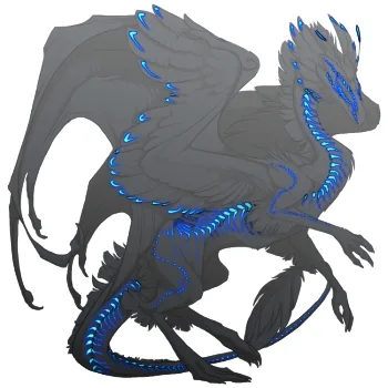 A stylized grey dragon with blue glowing accents along its spine, wings, and tail is depicted in a hunched, dejected…