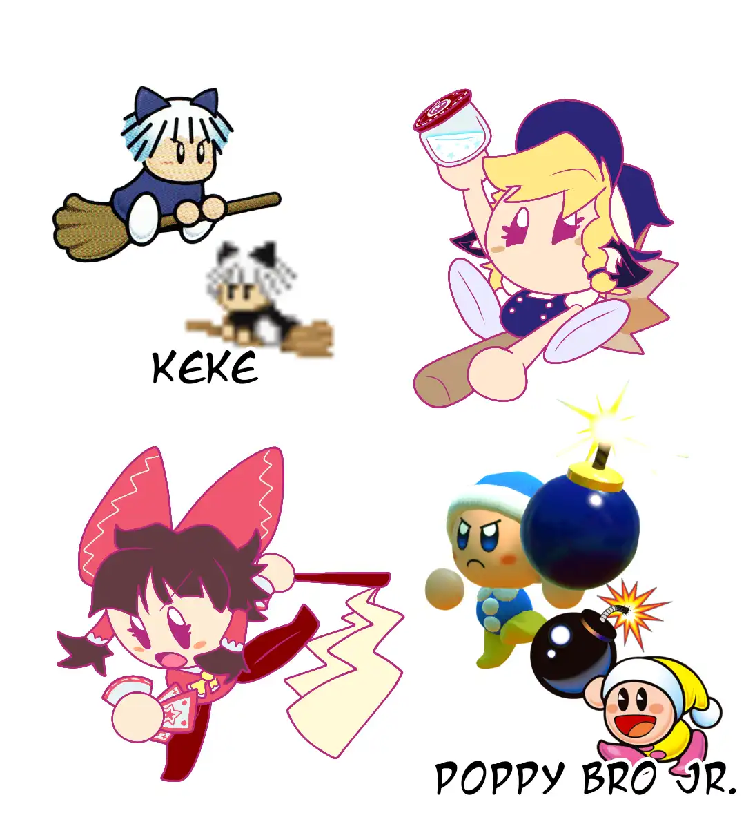The image displays four distinct chibi-style anime characters arranged in a grid. Top left is a white-haired cat-eared…