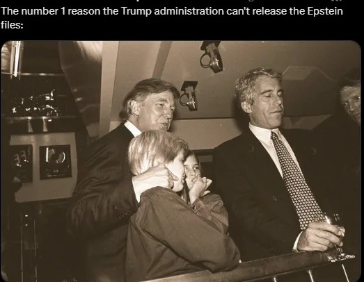 A black-and-white photo shows Donald Trump hugging a young girl while a woman covers her mouth behind him, with another man…