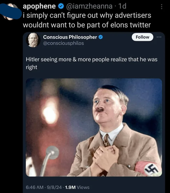 A screenshot of a tweet by 'Conscious Philosopher' showing a historical photo of Adolf Hitler in a brown uniform with a…