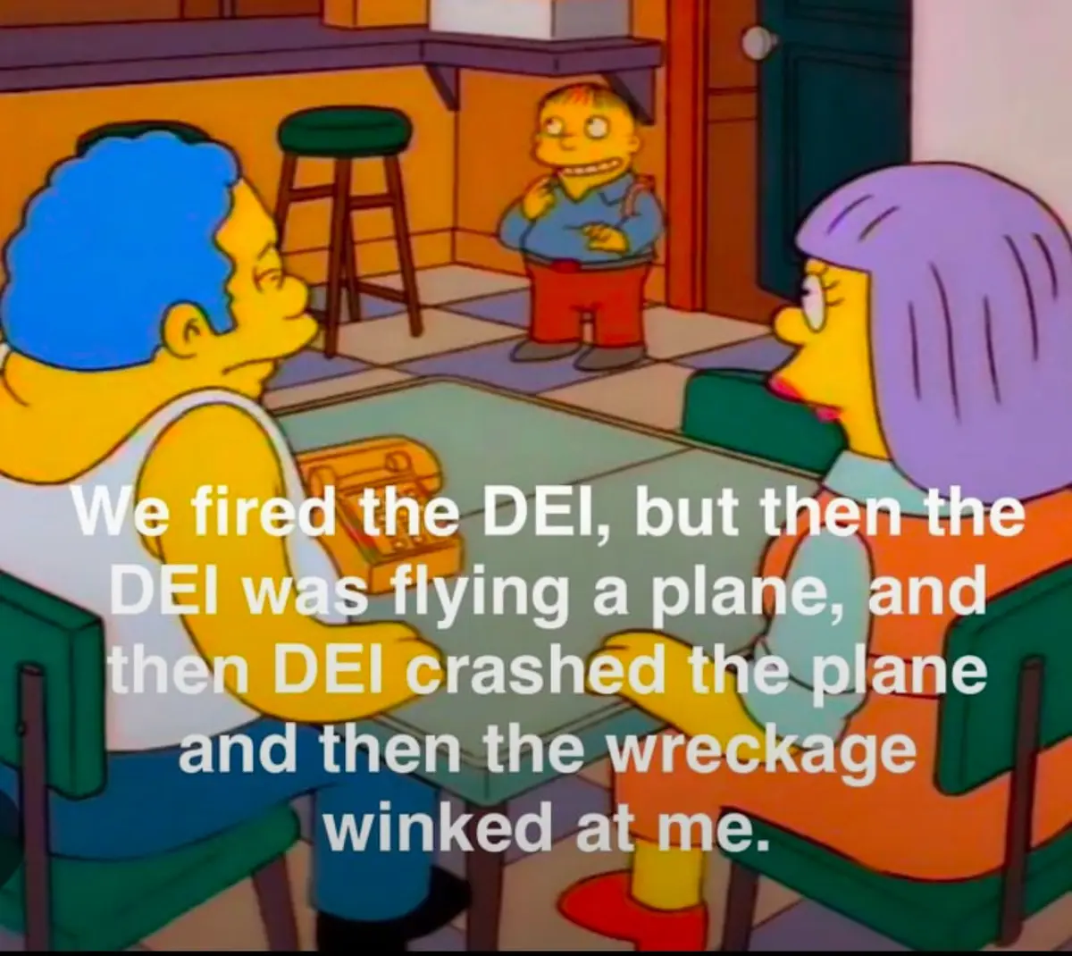 In a scene from The Simpsons, two characters sit at a table while a third child stands in the background. White text…