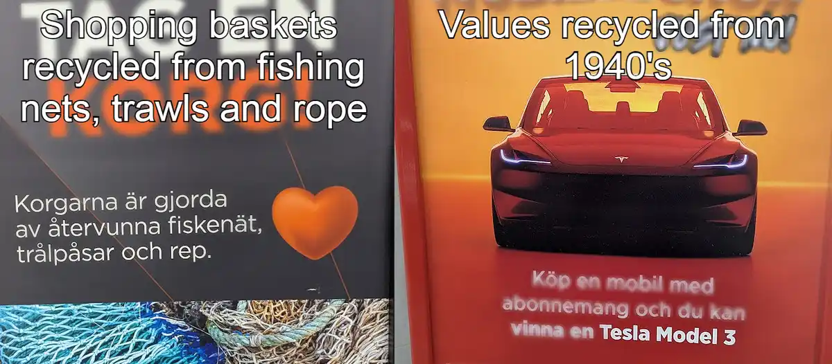 The image displays two side-by-side Swedish advertisements. The left shows a shopping basket made from recycled fishing…
