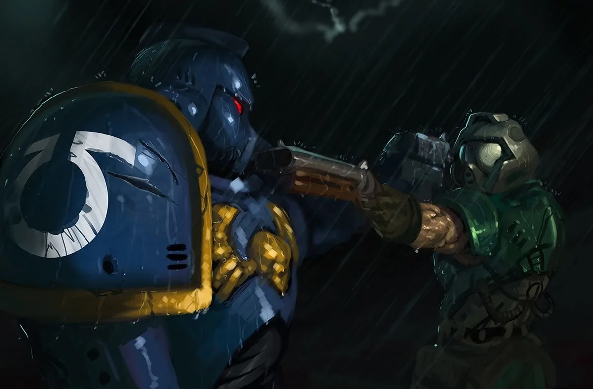 In a dark, rainy scene, a Space Marine in blue and gold armor with a white sigil on his helmet is being pointed at by a…